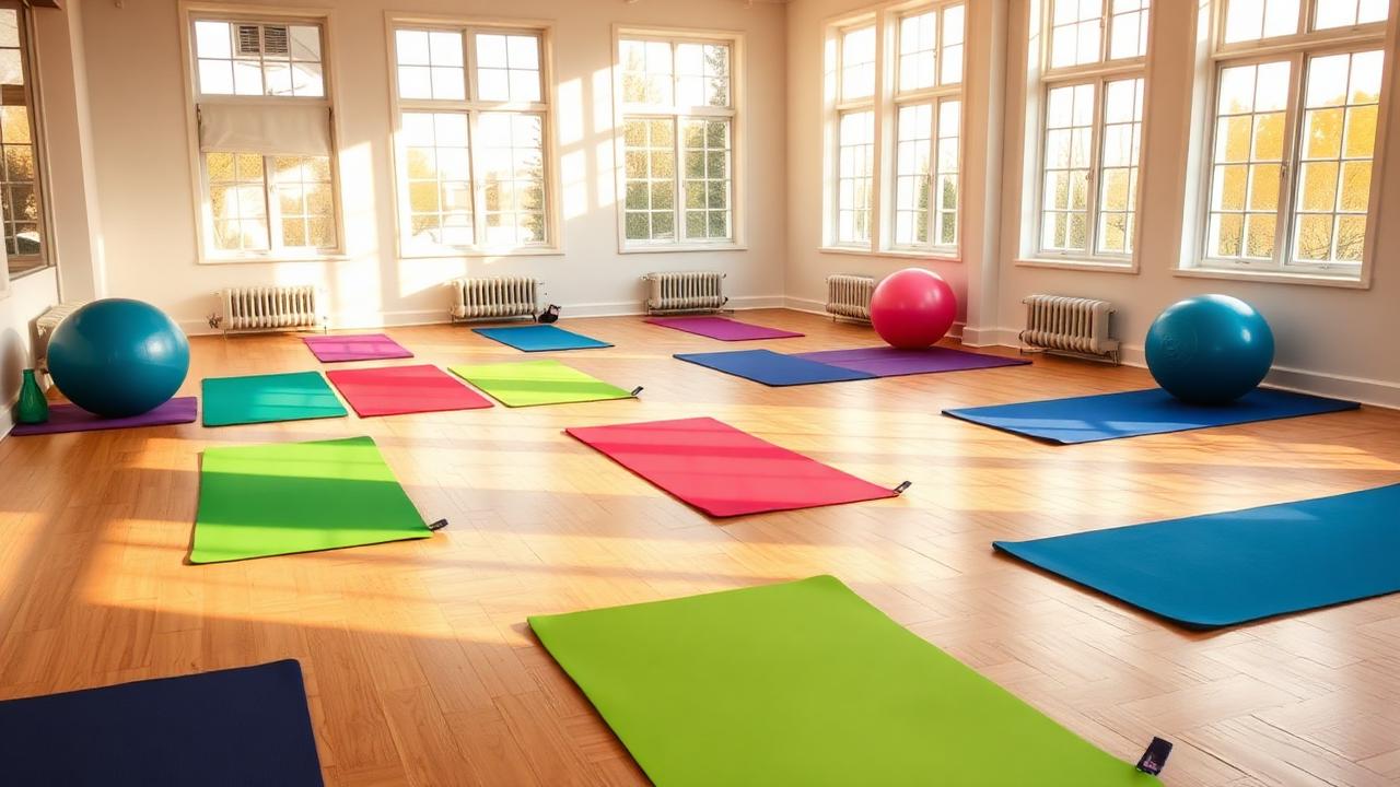 Espaço de prática com tapetes e bolas de Pilates